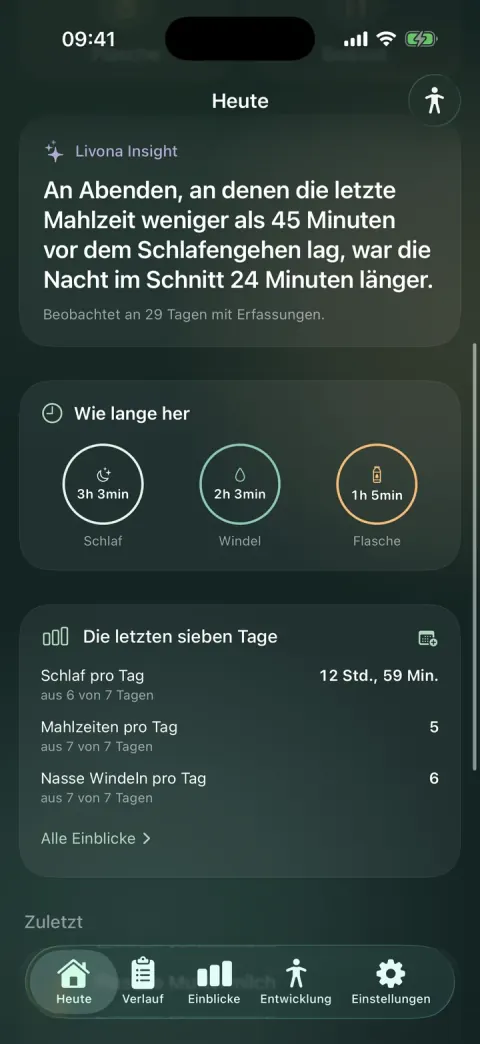 Livona Heute mit verstrichener Zeit seit Schlaf, Windelwechsel und Flasche