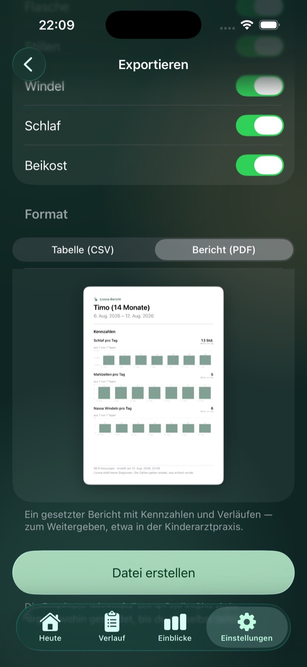 Livona Datenexport mit ausgewählten Kategorien und Berichtsvorschau