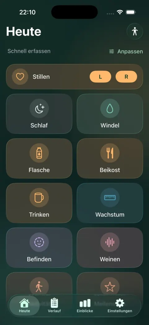Livona Heute-Ansicht mit Schnellaktionen und den letzten Familienmomenten