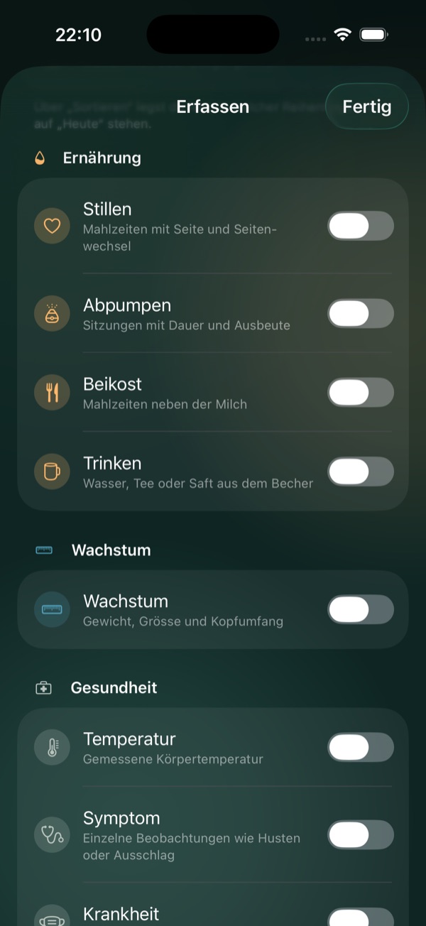 Livona Einstellungen mit den verfügbaren Eintragstypen