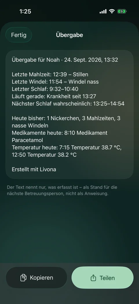 Übergabe als Text für die nächste Betreuungsperson · Premium