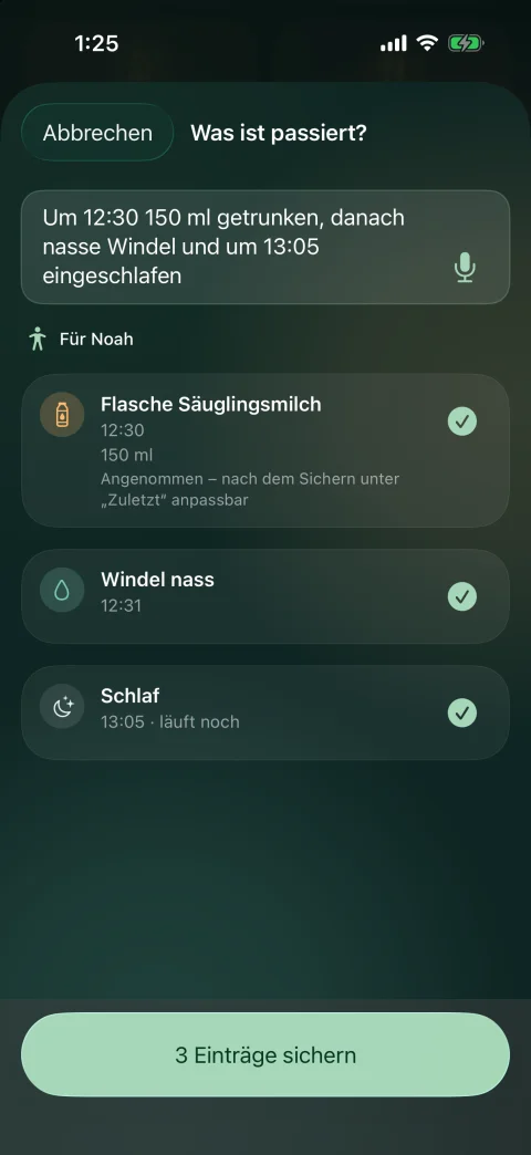 Text- und Spracheingabe mit drei Vorschlägen zum Bestätigen