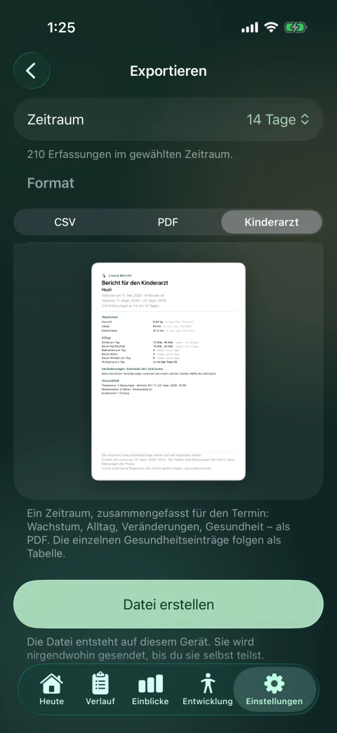 Kinderarzt-Bericht mit Zeitraumwahl und Vorschau · Premium