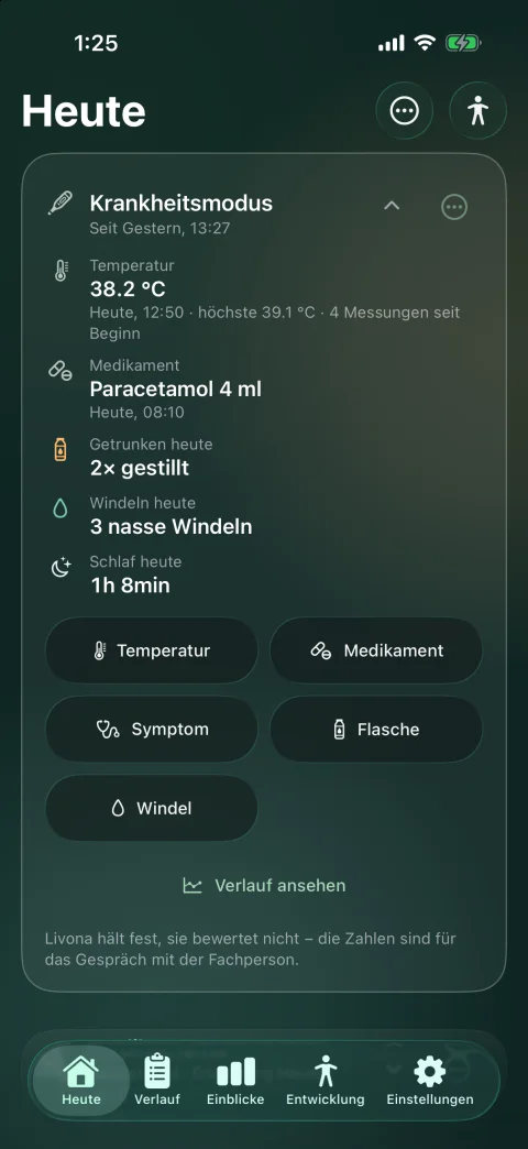Krankheitsmodus mit Temperatur, Medikamenten, Trinken und Windeln