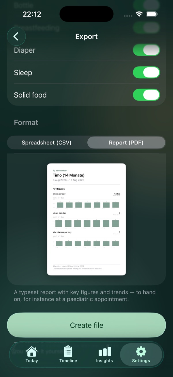 Livona data export with selected categories and report preview