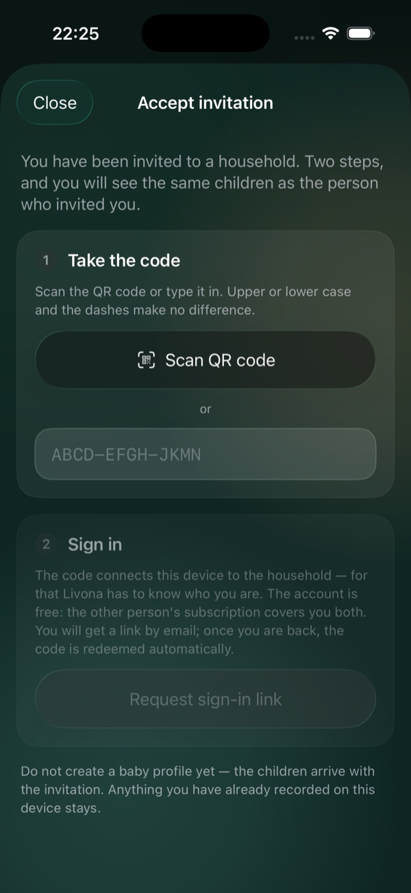 Livona screen for accepting a secure family invitation