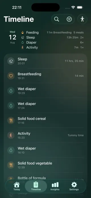 Livona’s timeline showing recorded feeds, sleep and diapers