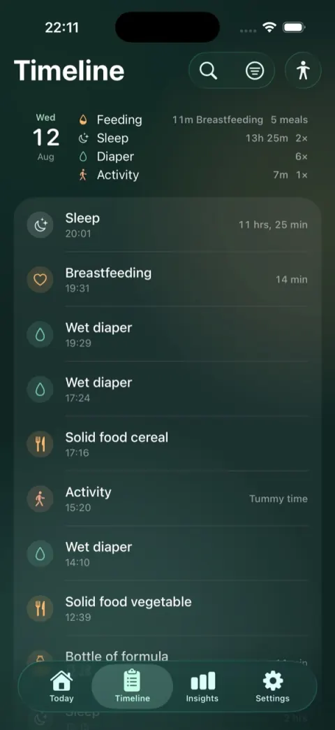 Livona timeline with recent sleep, feeding, diaper, and activity entries