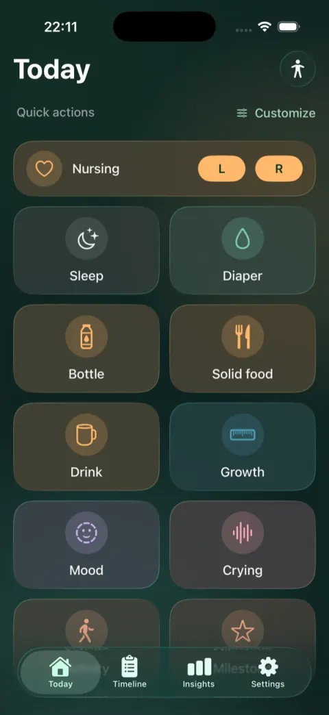 Livona Today screen with quick actions and recent family moments