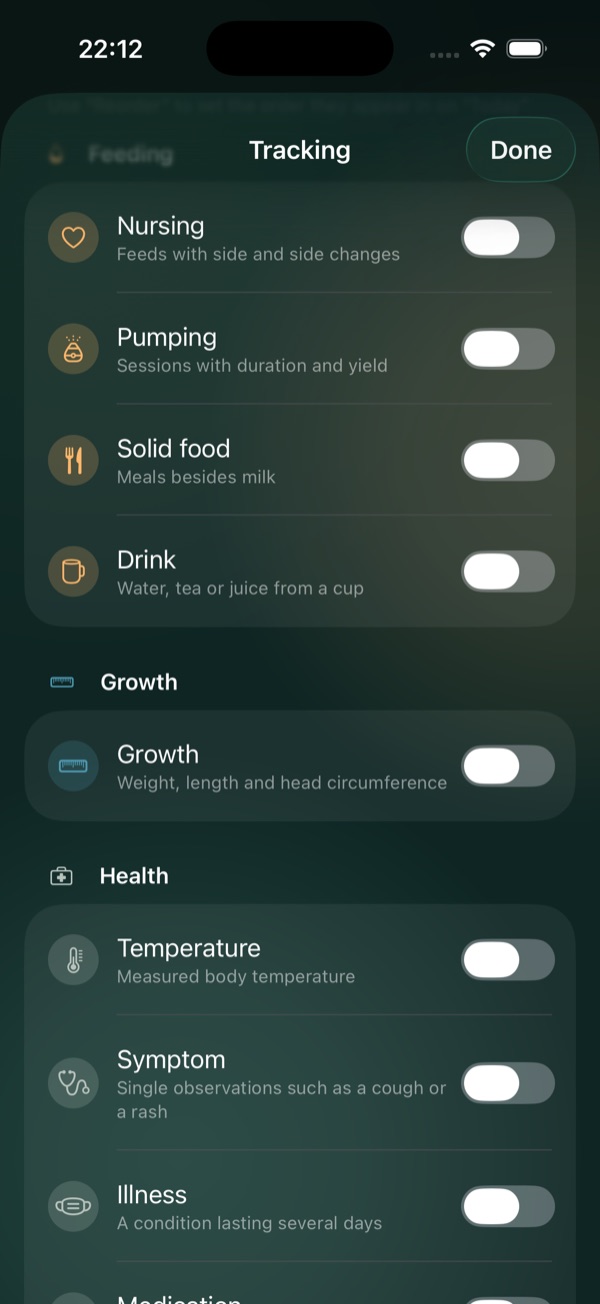Livona tracking settings with the available entry types