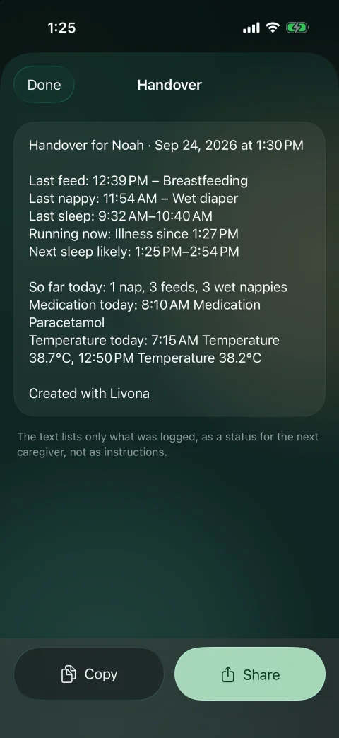 Handover text for the next caregiver · Premium