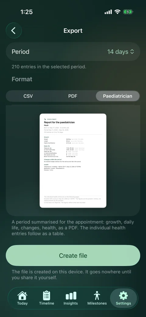 Pediatrician report with period selection and preview · Premium