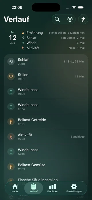 Livona Tagesverlauf mit erfassten Mahlzeiten, Schlaf und Windeln