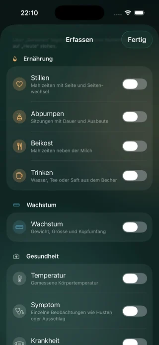 Livona Auswahl der Erfassungsarten mit Stillen, Abpumpen und Beikost