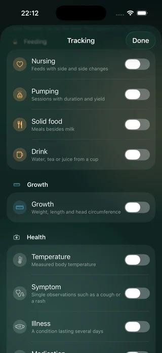 Livona tracking customisation showing nursing, pumping and solid food