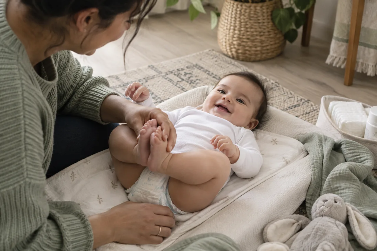A gentle moment with tiny baby feet during a diaper change