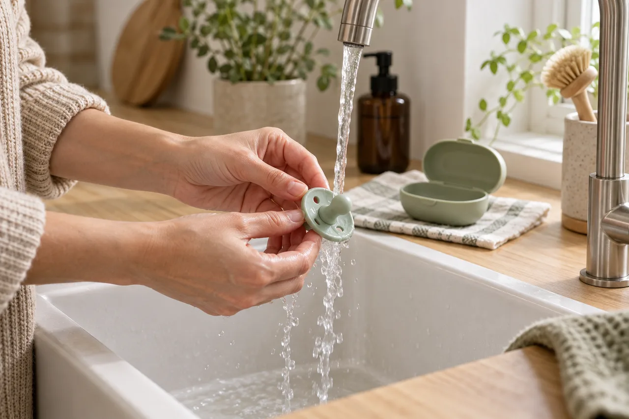 A pacifier being rinsed under running water