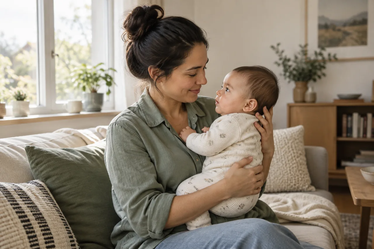 Mutter und Baby schauen sich in einem ruhigen Moment an