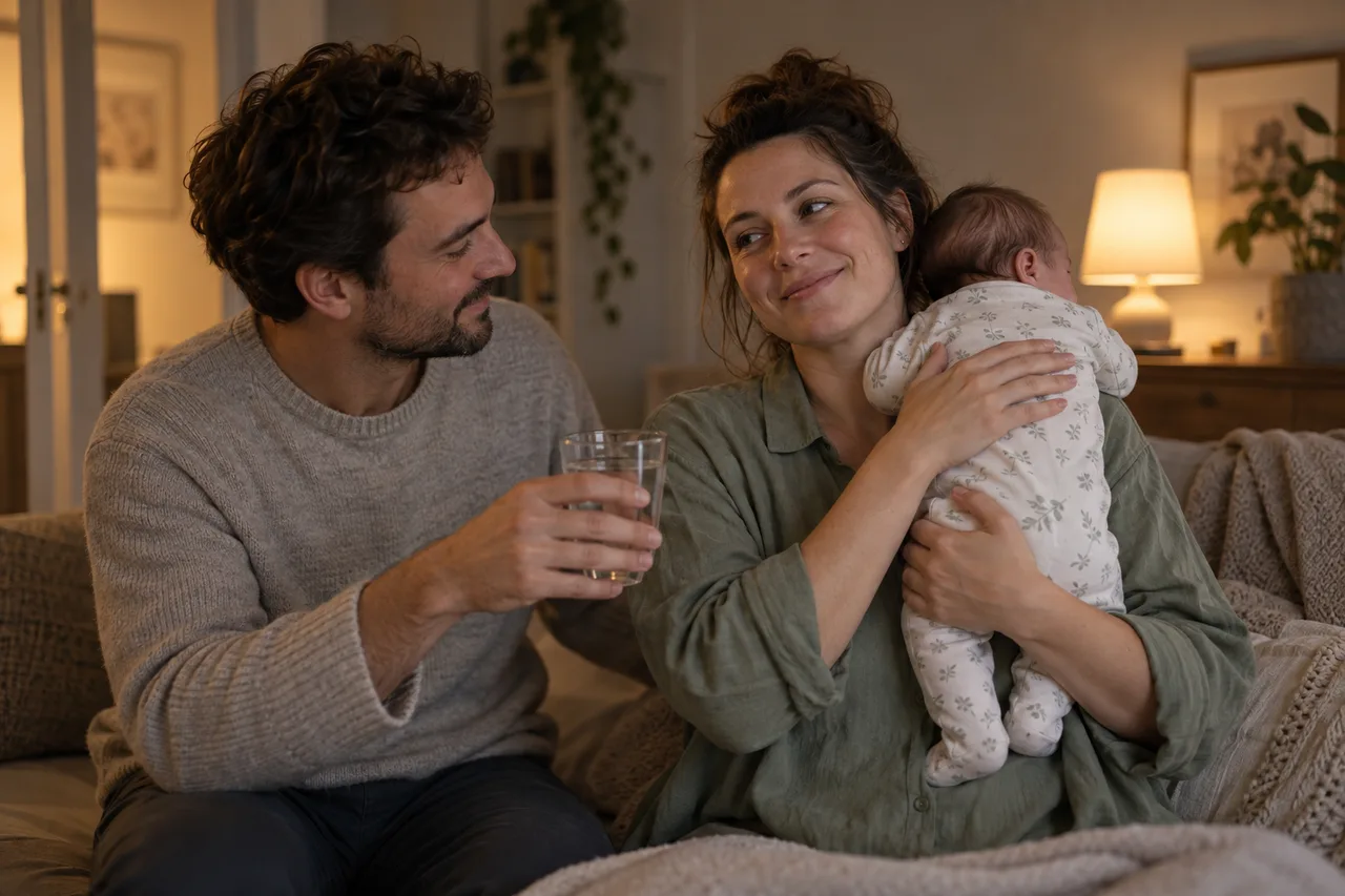 A mother holding her baby after a feed while her partner brings water