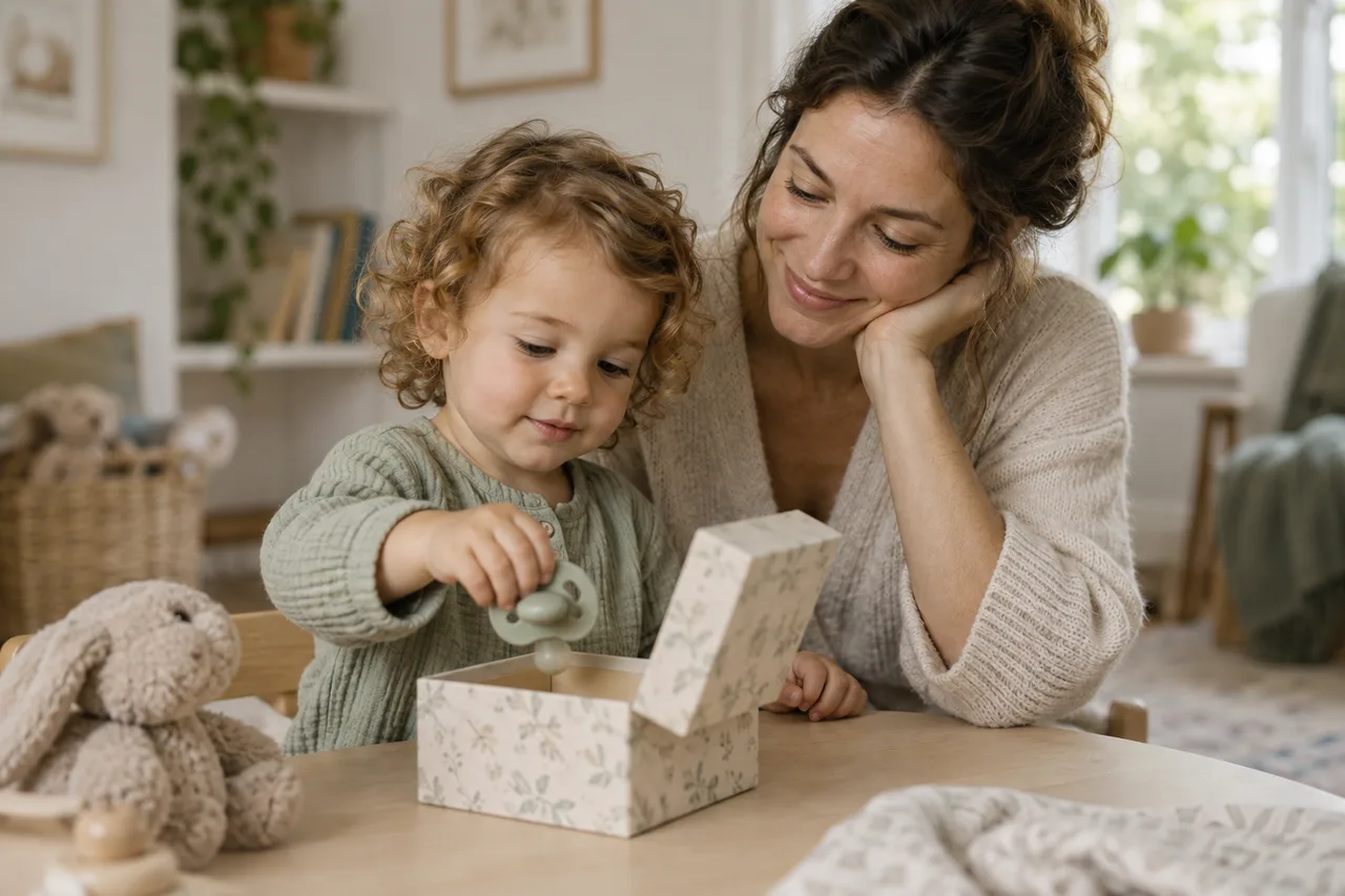 A toddler putting a pacifier in a small box with their mother