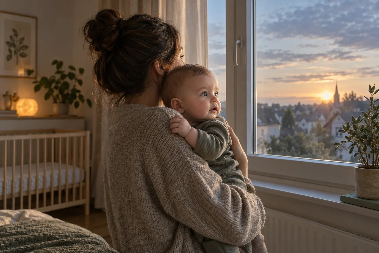 Elternteil und Baby schauen gemeinsam in den frühen Morgen