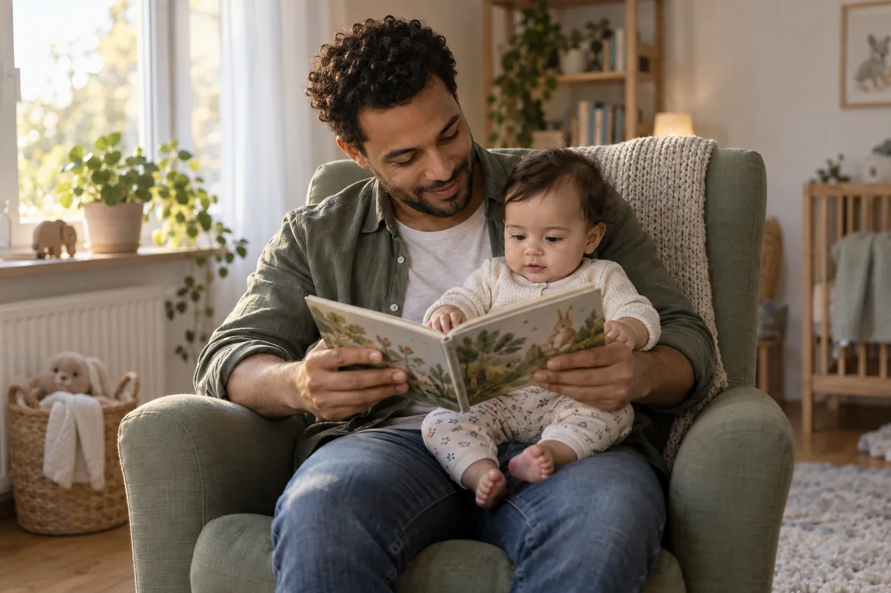 Vater und Baby schauen gemeinsam ein Bilderbuch an