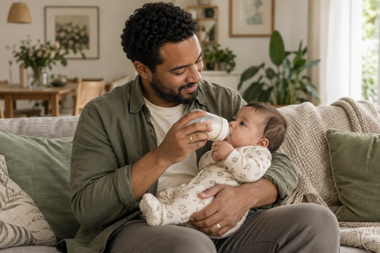 Vater hält sein Baby im Arm und gibt ihm aufmerksam die Flasche