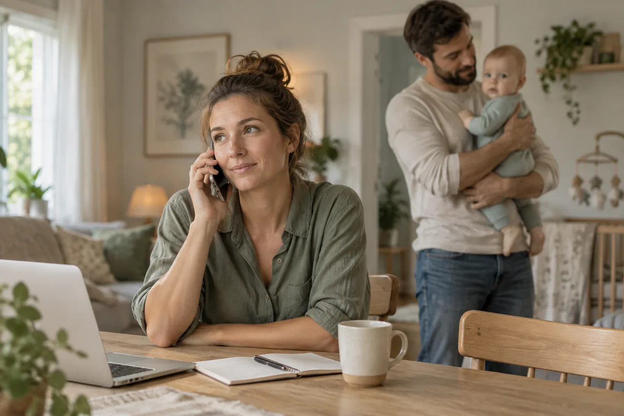 Mutter telefoniert, während ihr Partner das Baby betreut