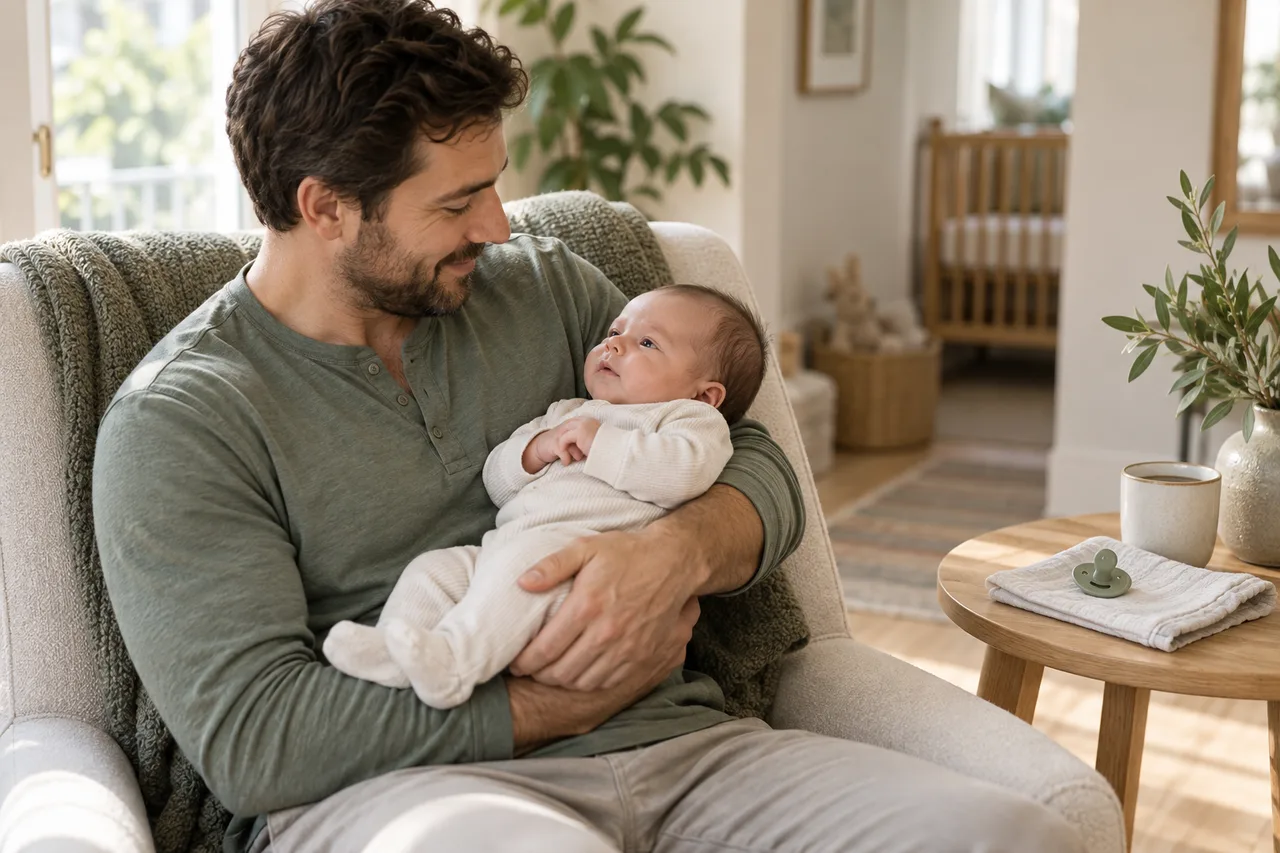 A father holding his baby with a pacifier on the side table