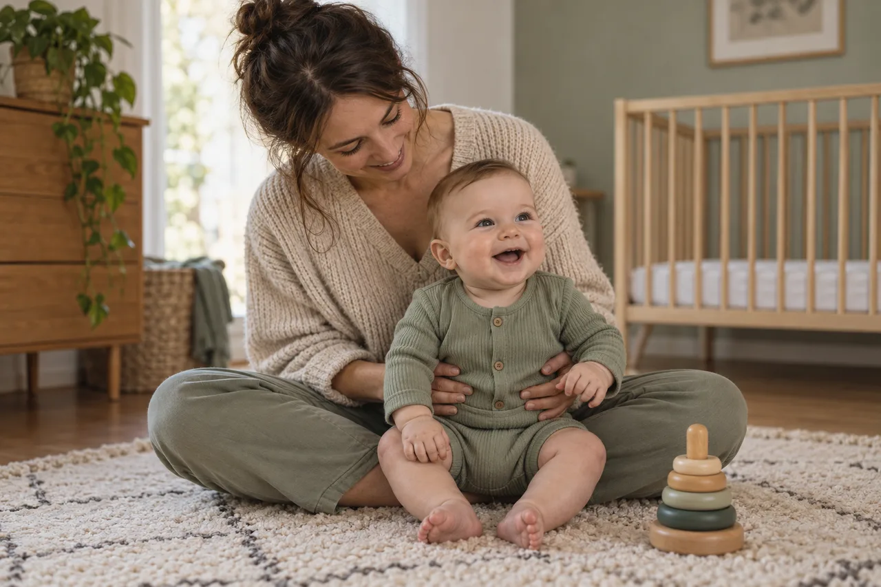 Ein Elternteil unterstützt sein Baby beim Sitzen