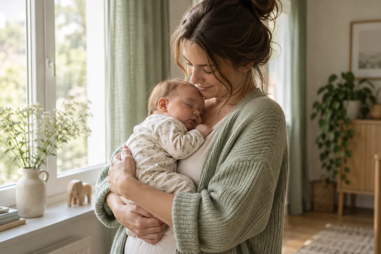 Wache Mutter hält ihr schlafendes Baby sicher im Arm