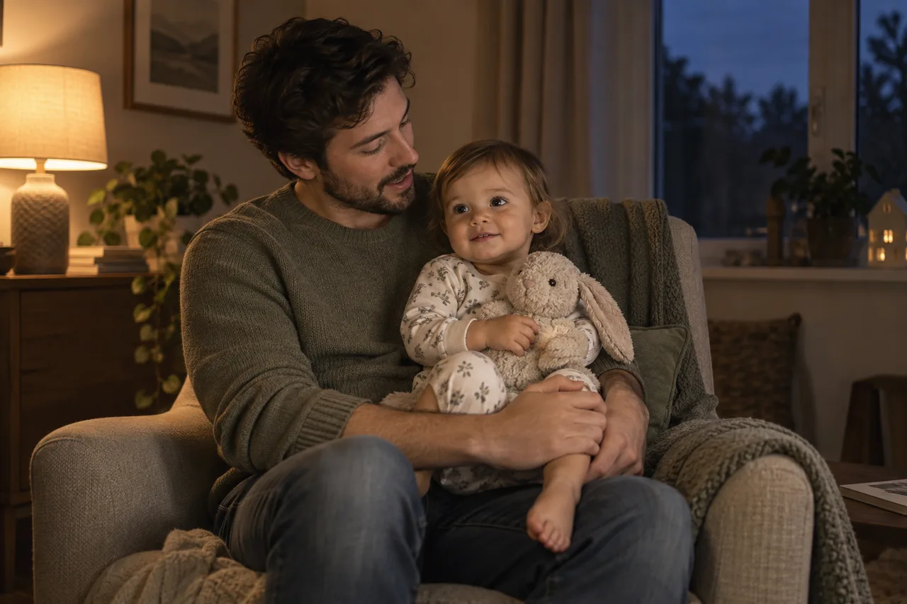 A father comforting his awake child at night