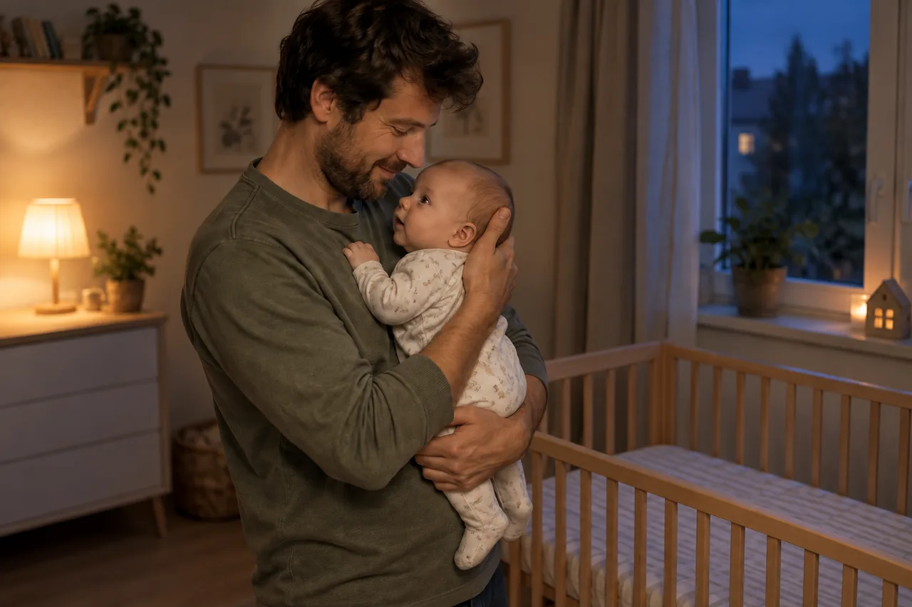 Father comforting his awake baby during a quiet night