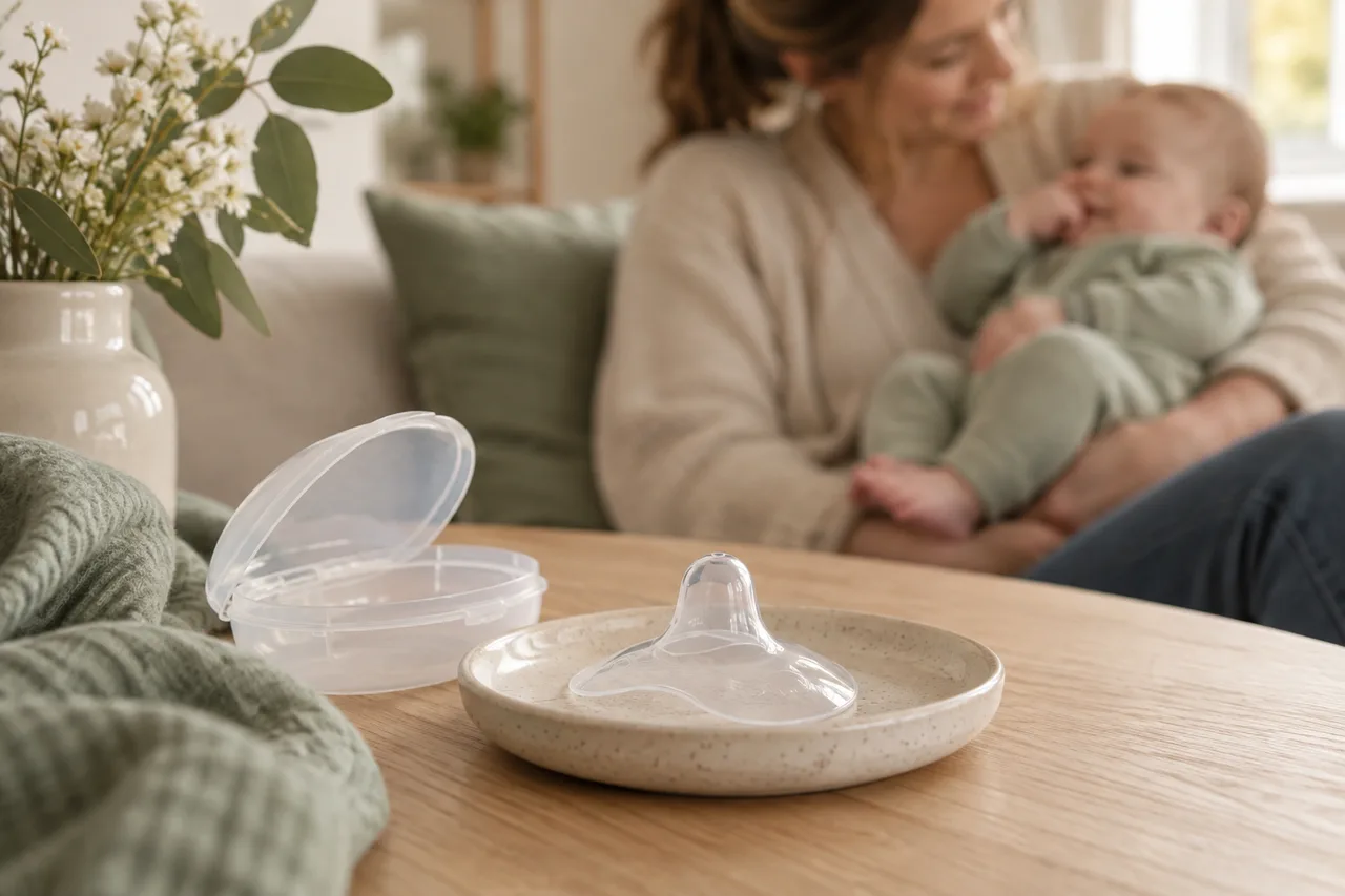 Stillhütchen und Aufbewahrungsdose auf einer sauberen Unterlage
