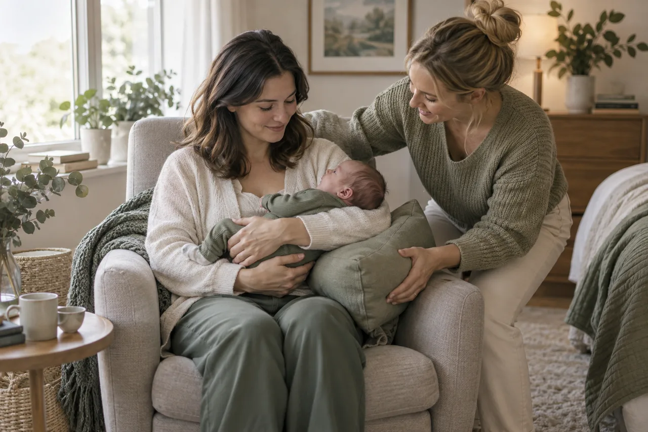 Eine Mutter erhält Unterstützung beim bequemen Halten ihres Babys
