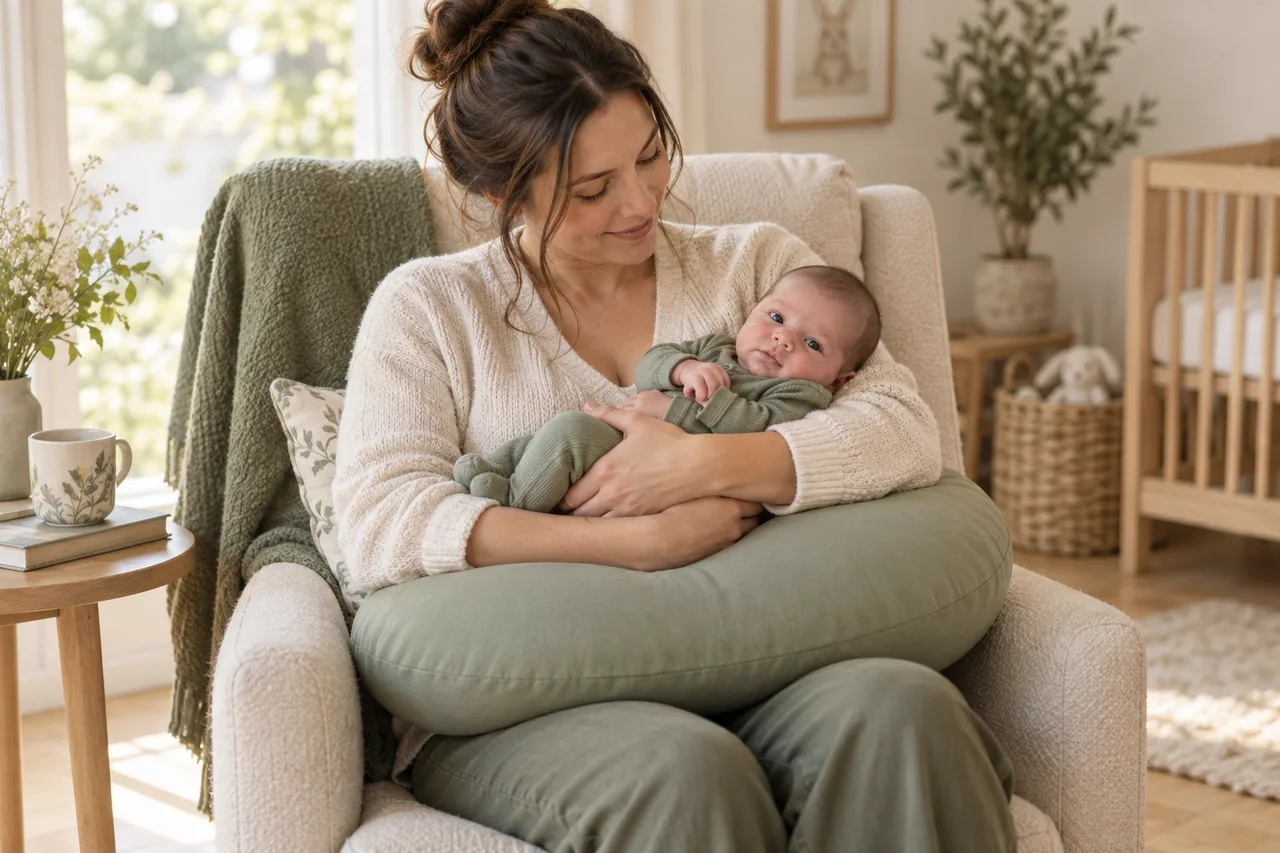 A nursing pillow supporting an awake mother's arms