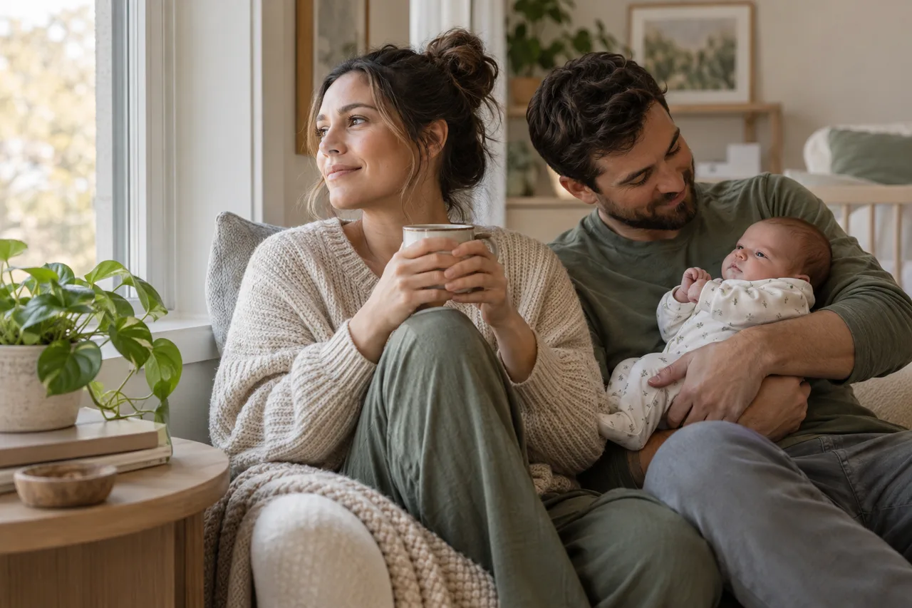 Eine Mutter macht eine Pause, während ihr Partner das Baby hält