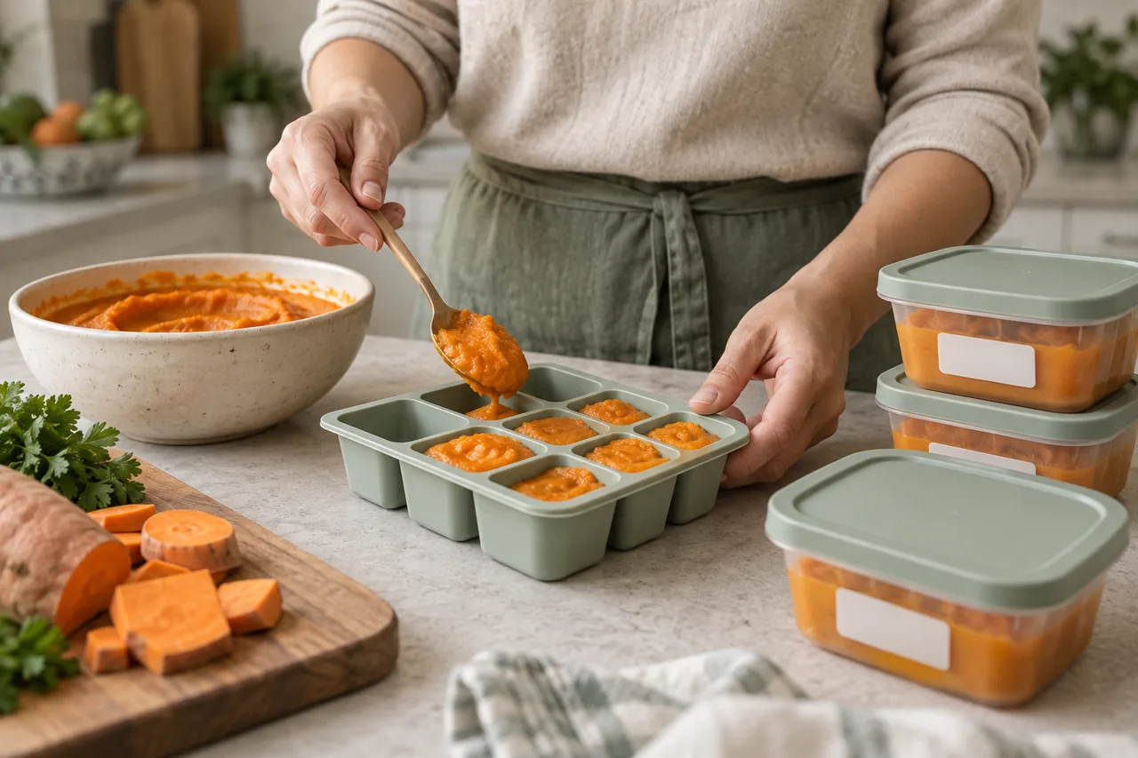 Vegetable puree being divided into small freezer portions