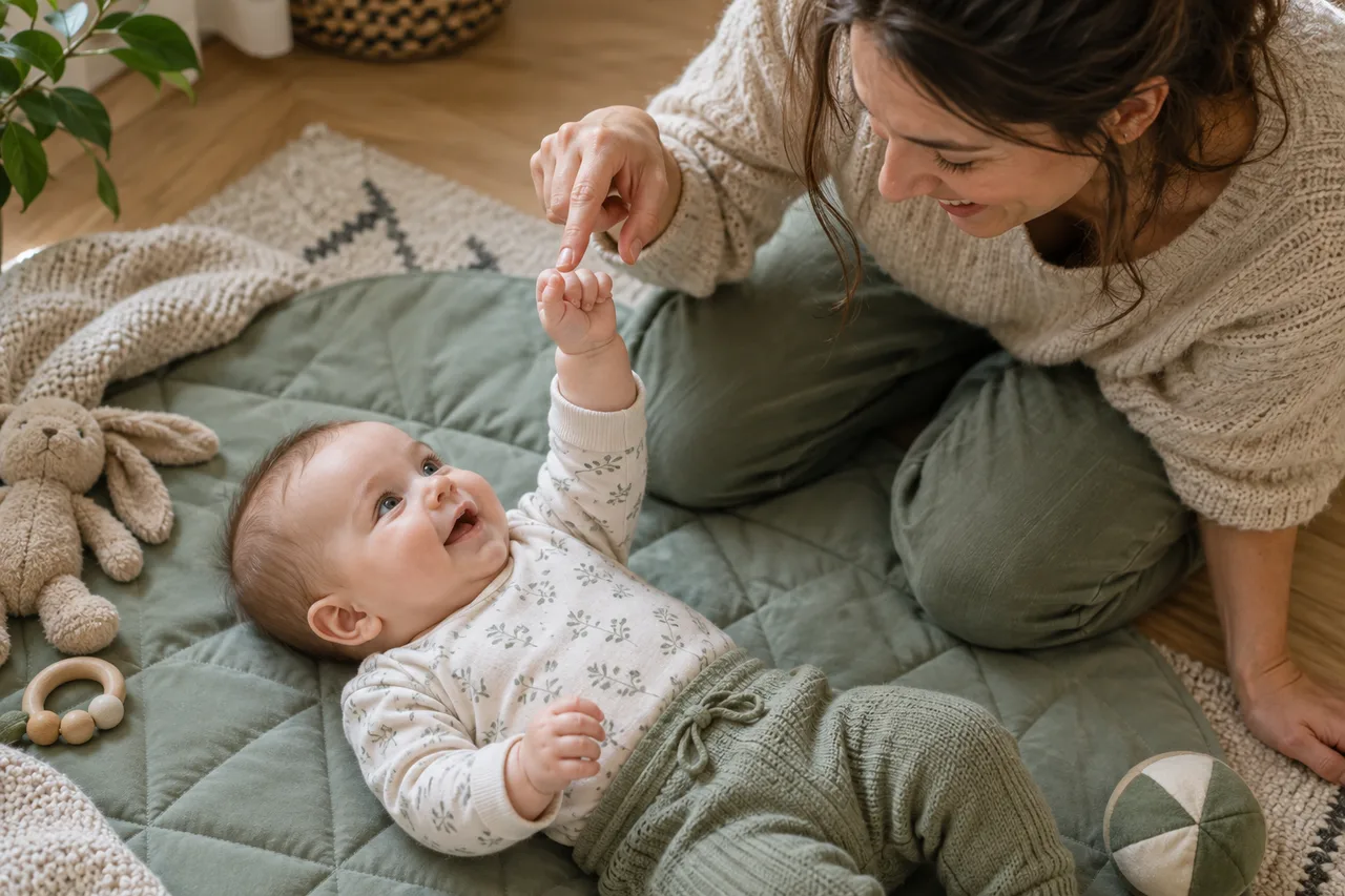 An alert baby exploring their mother's hand
