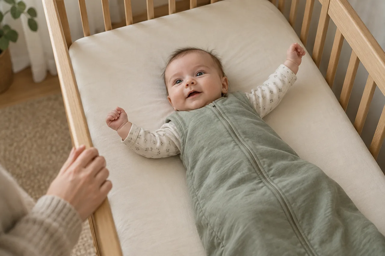 Baby stretching after a nap in an empty cot