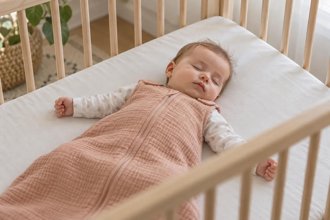 Sechs Monate altes Baby schläft im Schlafsack in seinem Bett