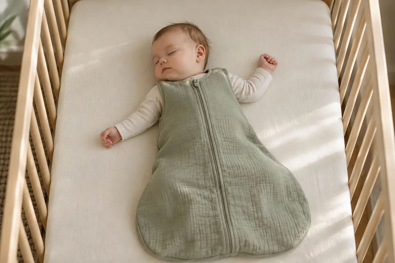 Baby sleeping on their back in a sleeping bag in an empty cot