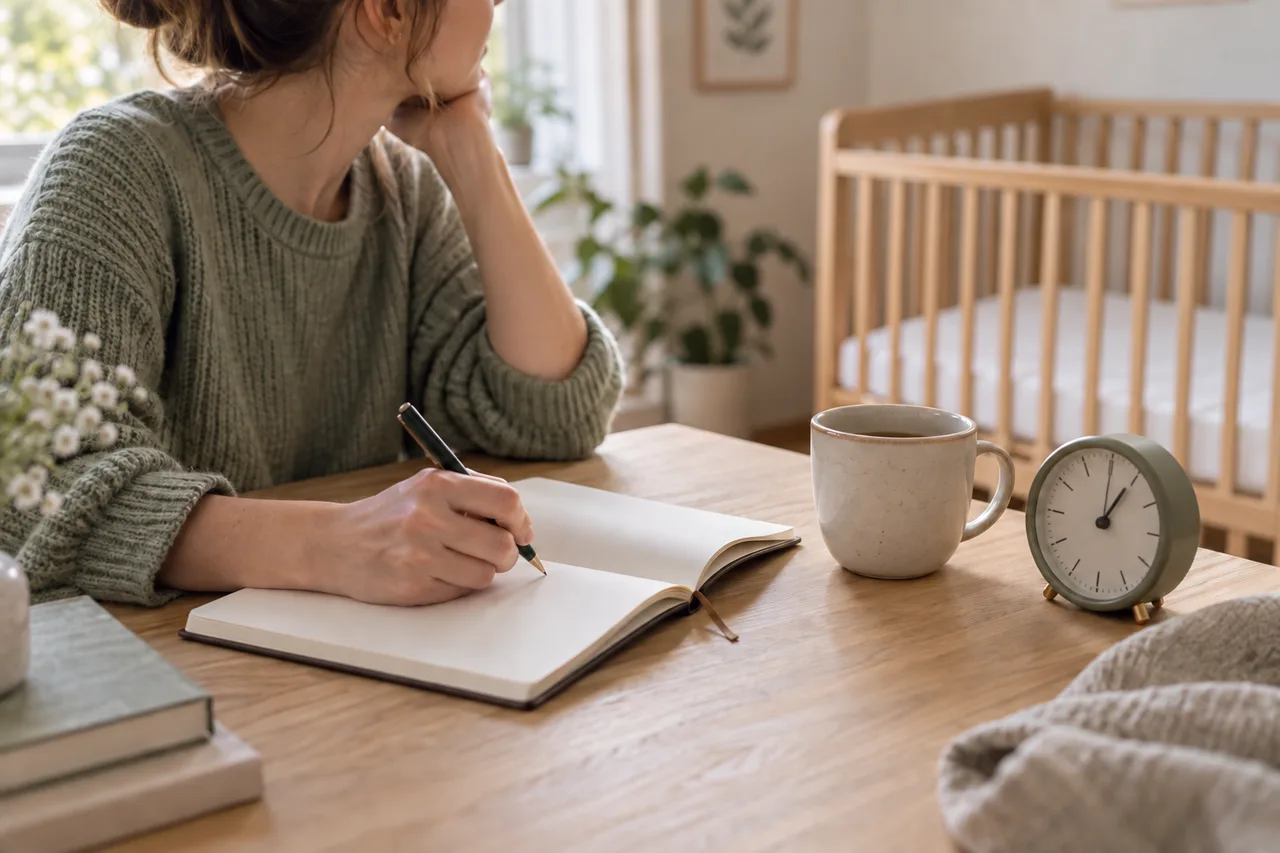 A parent recording observations in a notebook