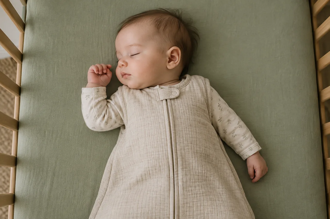 Sleeping baby in a light sleeping bag on a sage fitted sheet