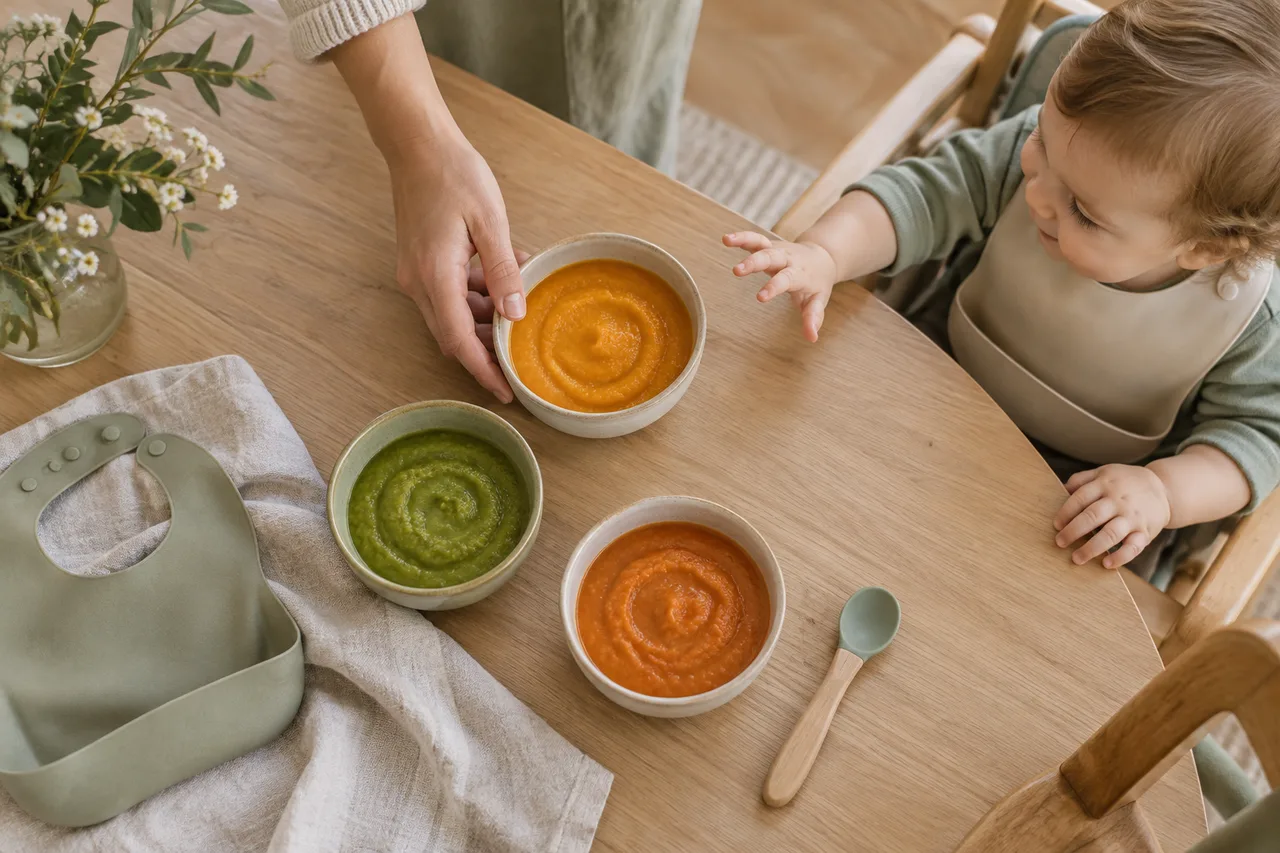 Small bowls of vegetable puree on a family table