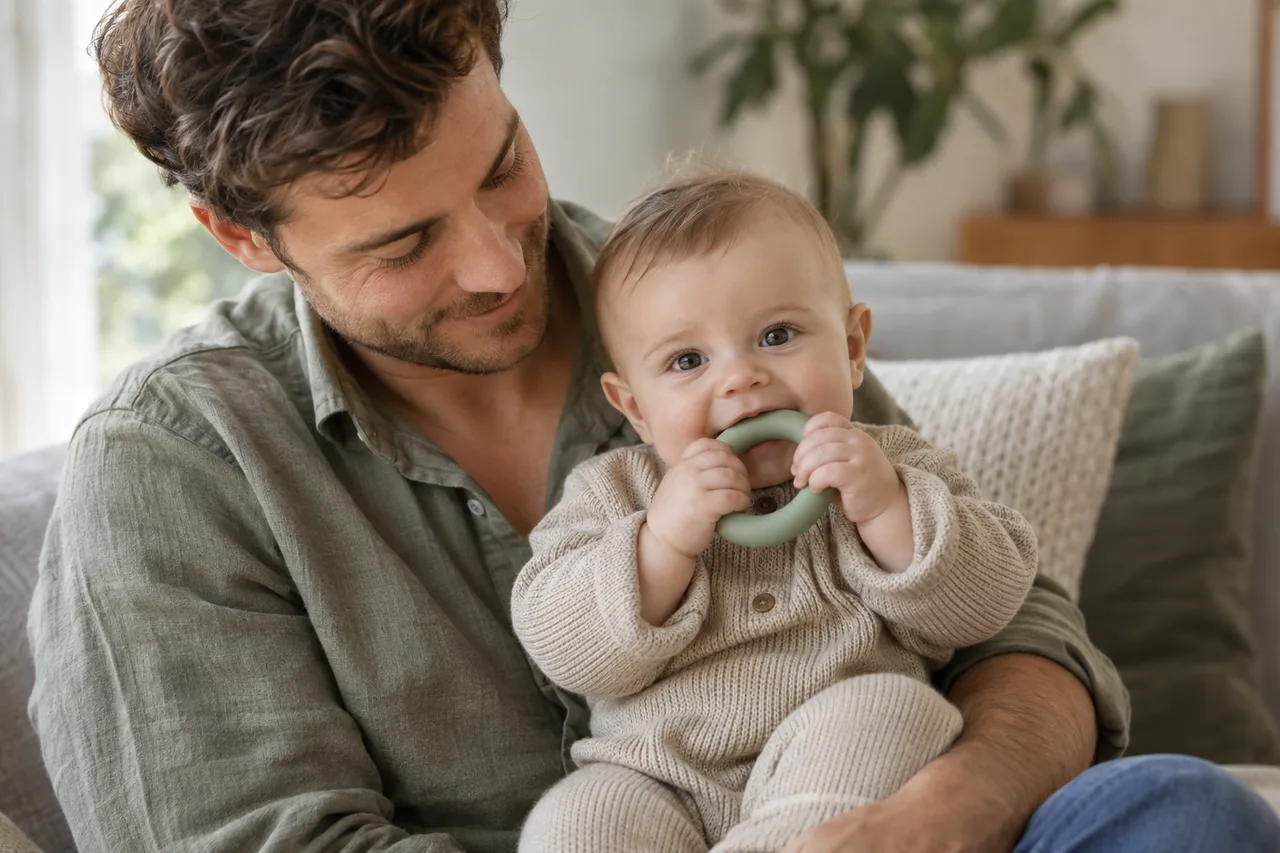 A baby exploring a teething ring on their father's lap
