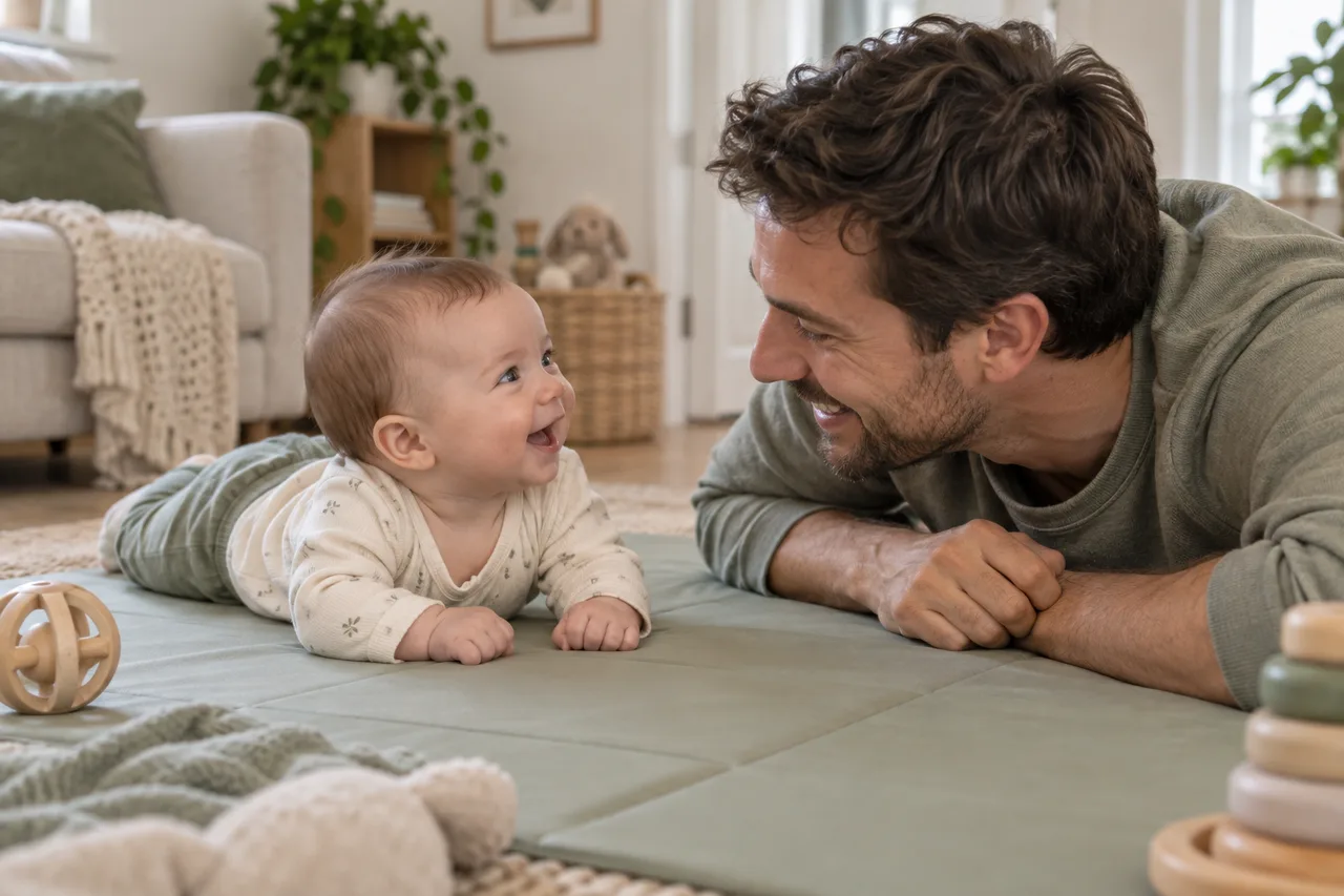 Baby and father sharing a face-to-face moment during awake play