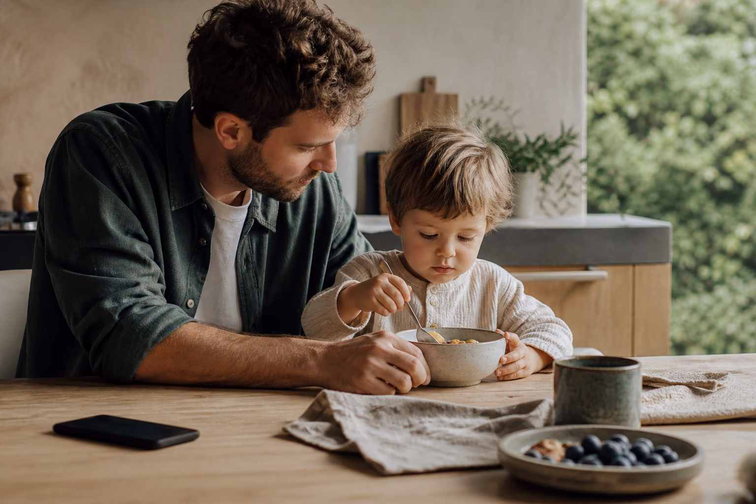 A parent and toddler sharing breakfast