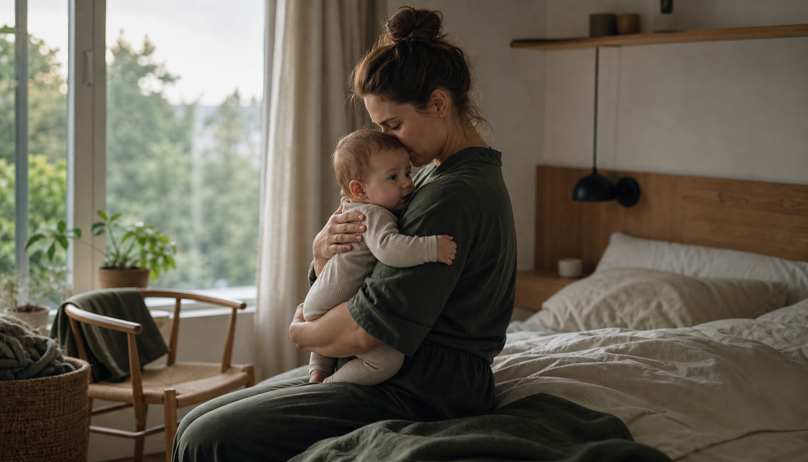 A parent holding their baby in soft morning light